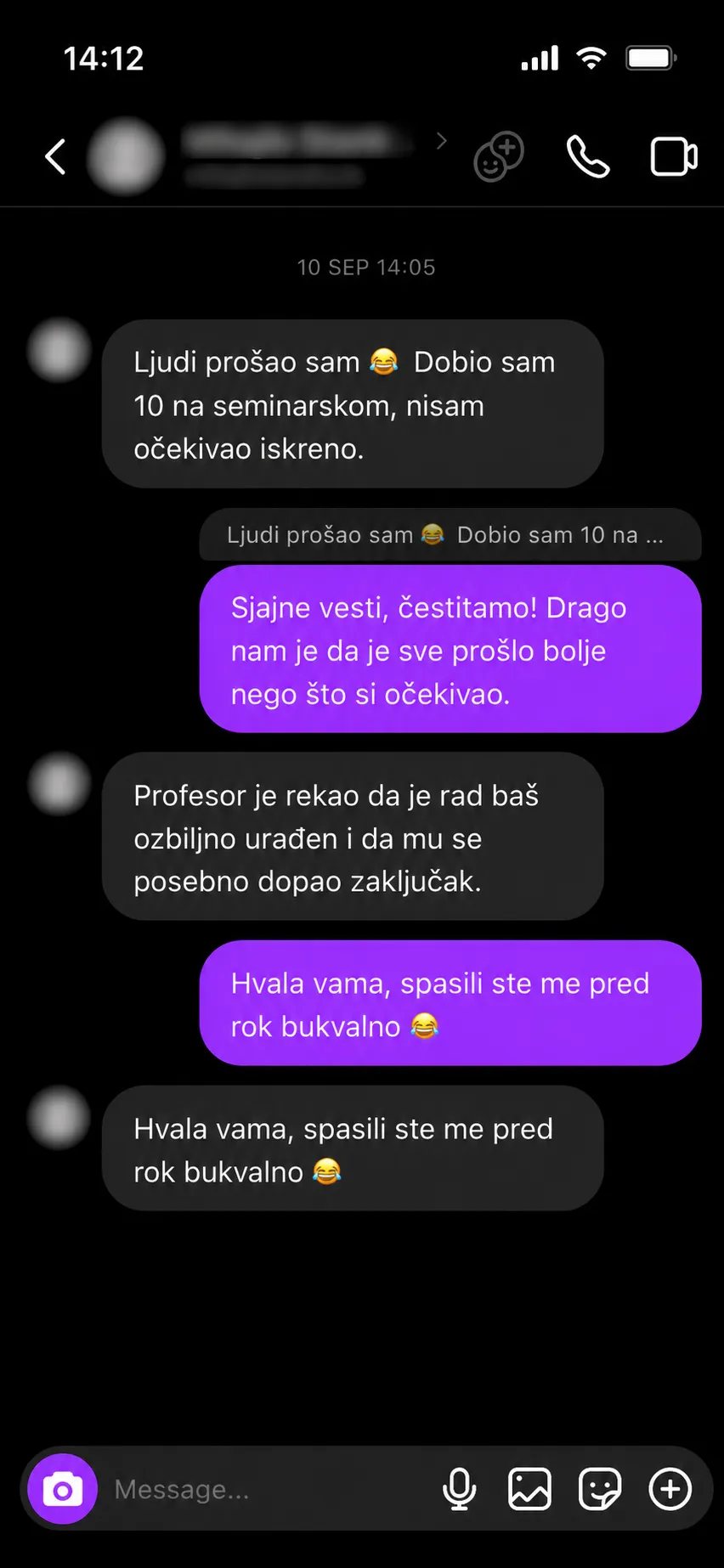 Poruka studenta koji je dobio ocenu 10 na seminarskom radu