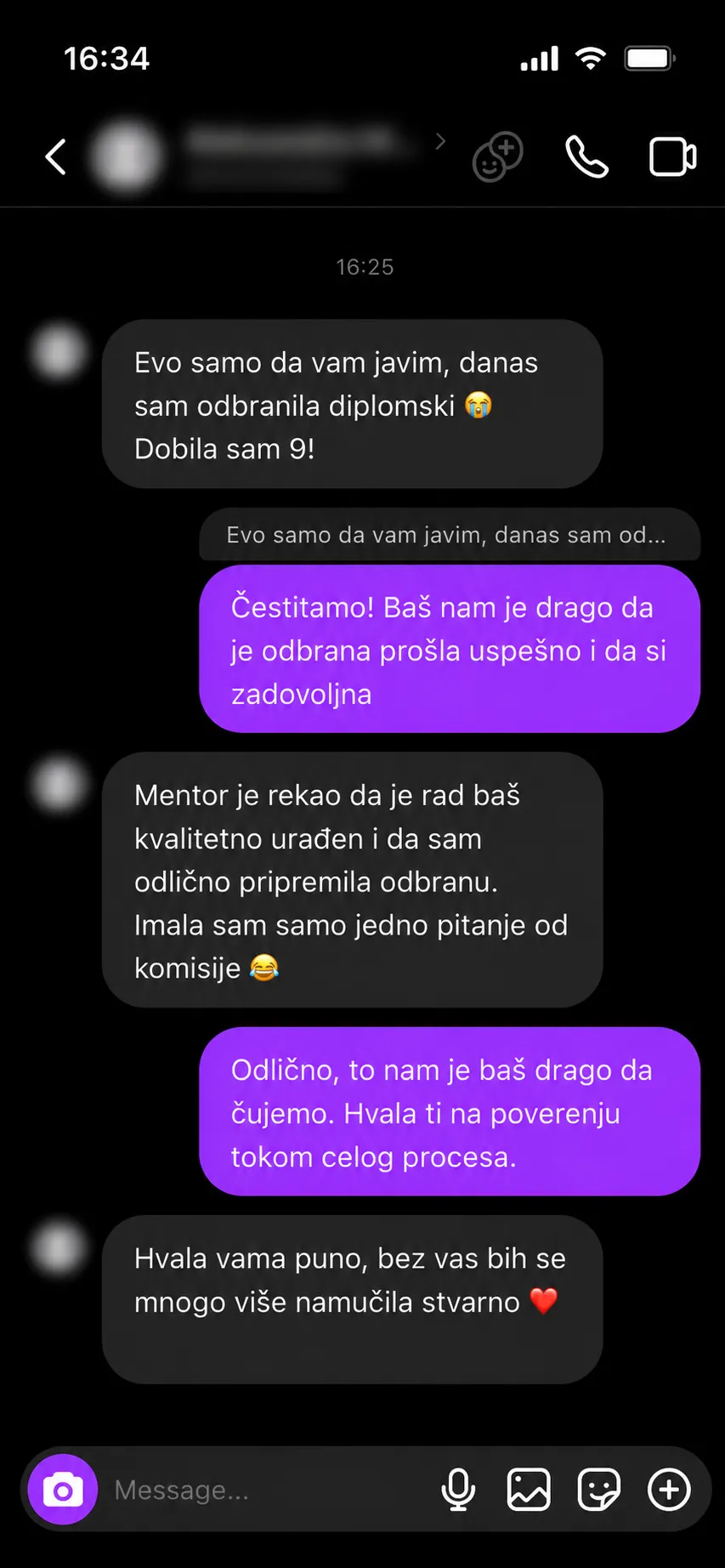 Poruka studentkinje koja je odbranila diplomski rad sa ocenom 9