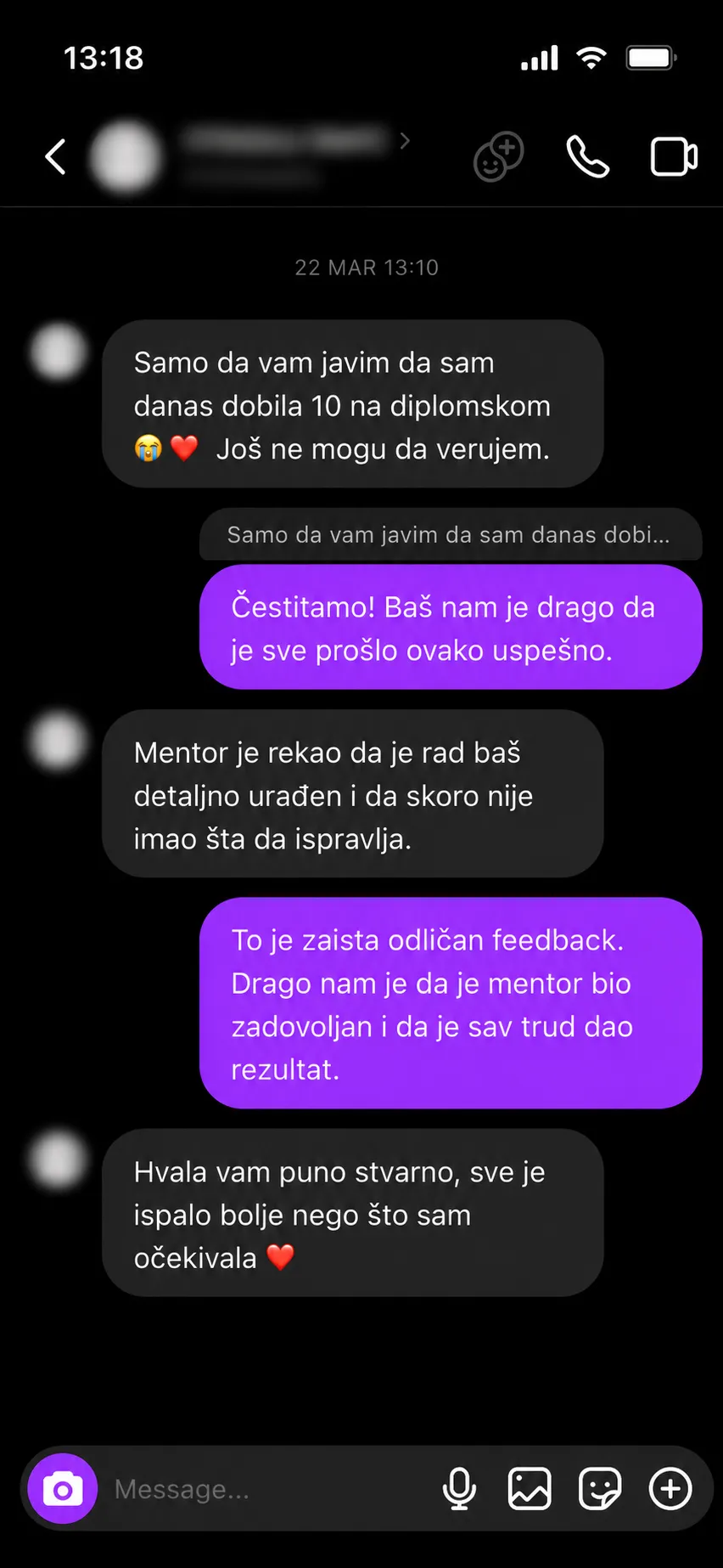 Poruka studentkinje koja je dobila ocenu 10 na diplomskom radu
