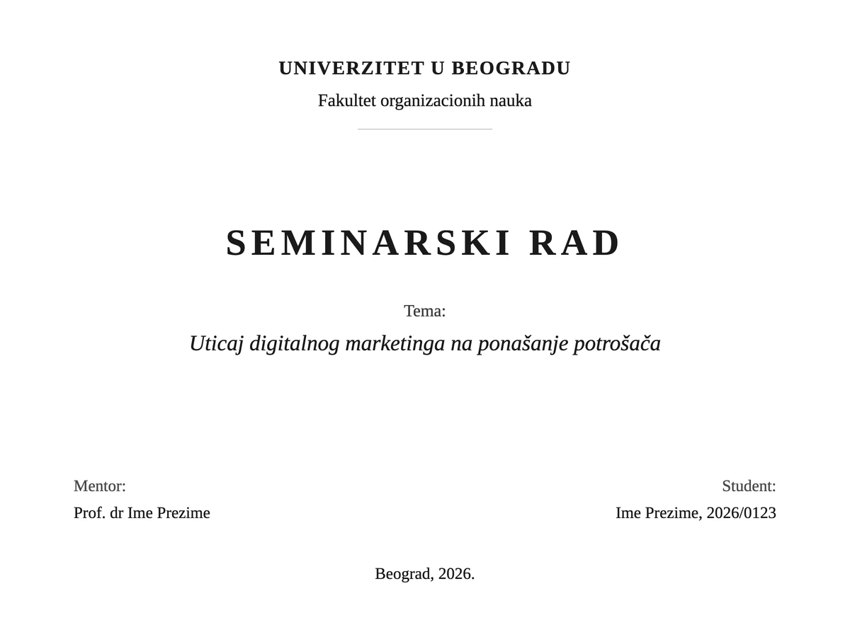 Naslovna strana seminarskog rada formatirana po pravilima fakulteta, sa nazivom univerziteta, temom, mentorom i studentom