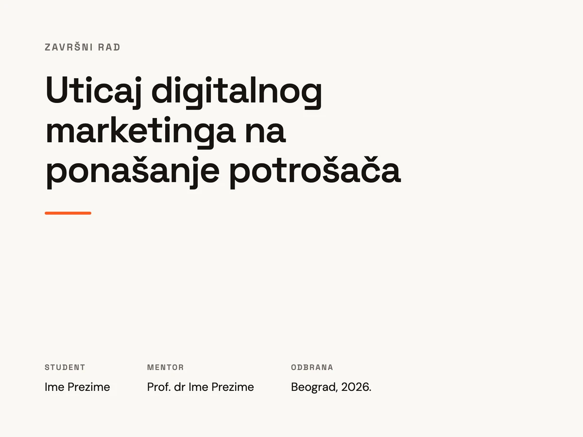 Naslovni slajd prezentacije za odbranu, sa temom rada, imenom studenta i mentora